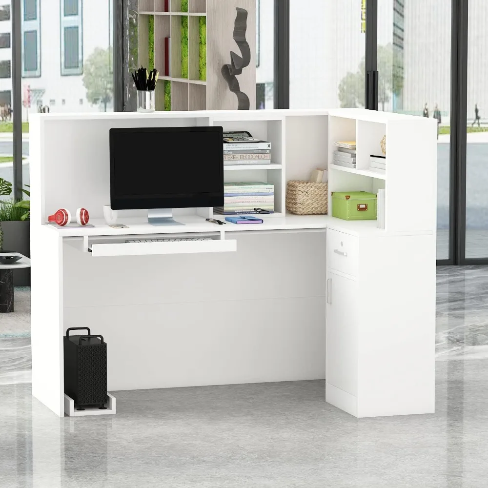 L Shape Reception Table with Open Shelf & Drawers, Wooden Computer Desk for Office Reception Room, White