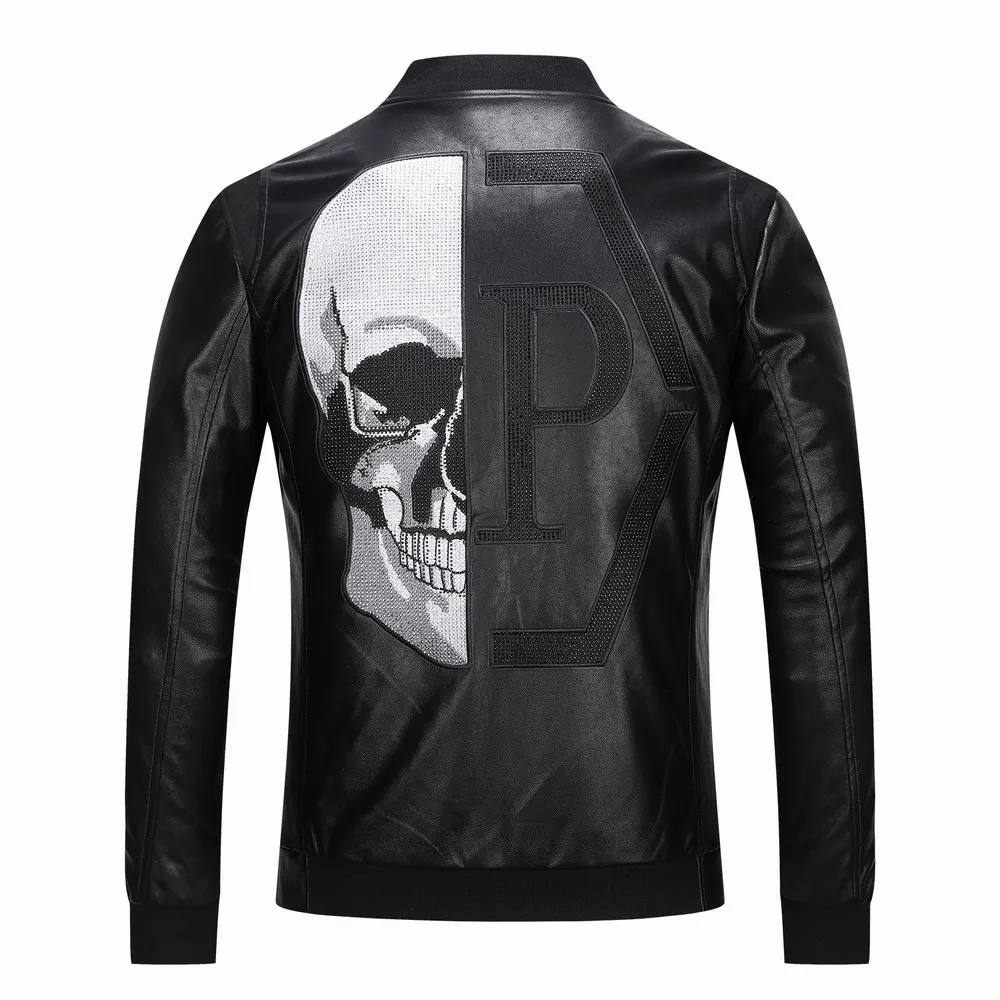 2023 Skull Rhinestones PU Jackets Men Black High Street Stand-Neck Zipper Rib Sleeve Streetwear Motorcycle Faux Leather Coats