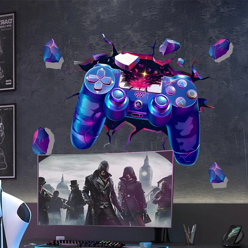 Cool Game Gamepad Wall Hole Art Gaming Sky Glowing Stars Vinyl Mural Stickers Home Decorations for Kids Room Bedroom Gamer Zone