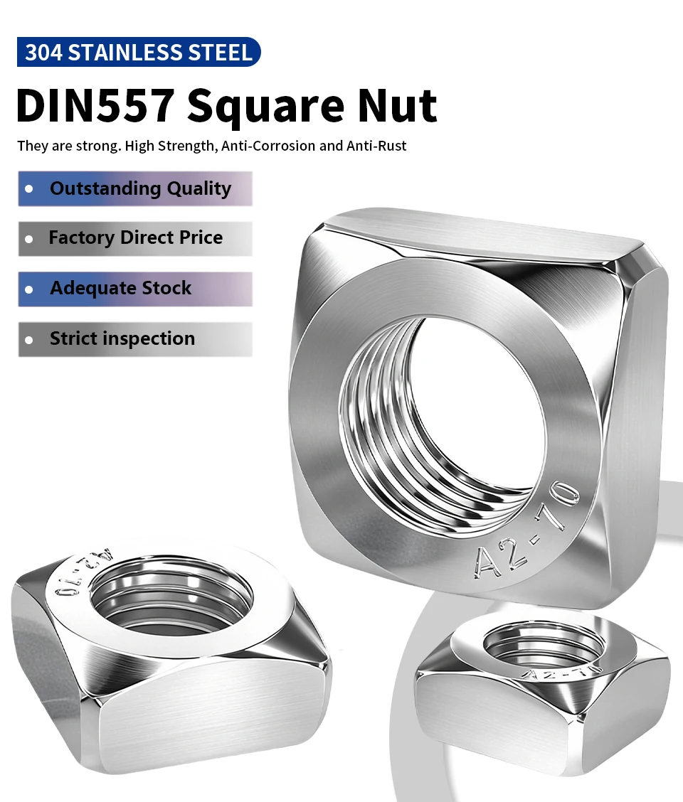 DIN557 Vierkantmuttern 304 Edelstahl M3 M4 M5 M6 M8 M10 M12 Vierseitige Muttern für industrielle Befestigungen – Detail 1