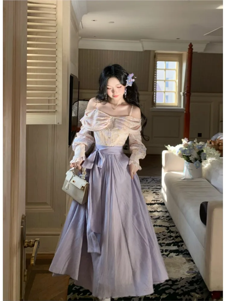 Purple Mist Sea's gentle and elegant one-shoulder three-dimensional embroidered top large swing skirt set