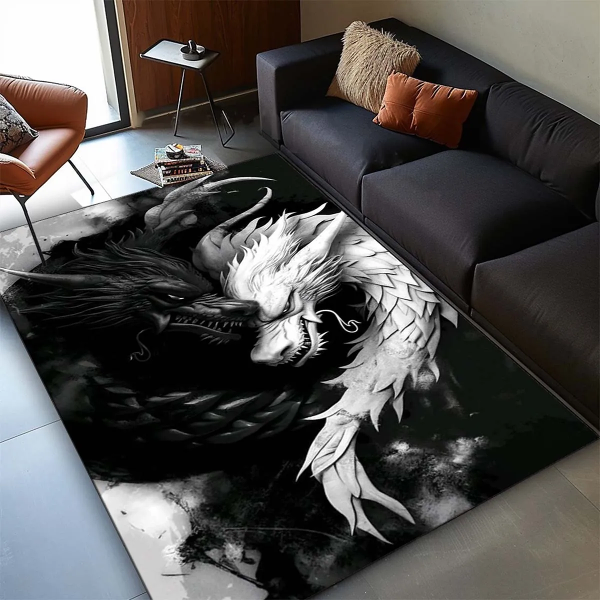 

1pc Black and white dragon print pattern carpet, crystal velvet fabric, suitable for living room bedroom home decoration