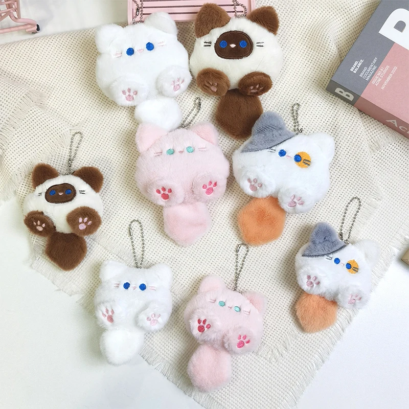 Cute Plush Long Tailed Cat Squeak Keychain Kawaii Cartoon Doll Toy Bag Pendant Key Ring Keyring Accessories For Women Girls