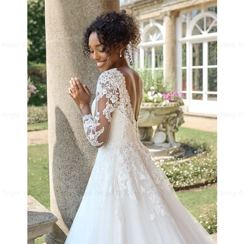 ANGEL Civil Wedding Dresses For Bride Customized Long Sleeves Backless Scoop Bride Gowns A-Line Lace Applique vestido de noiva