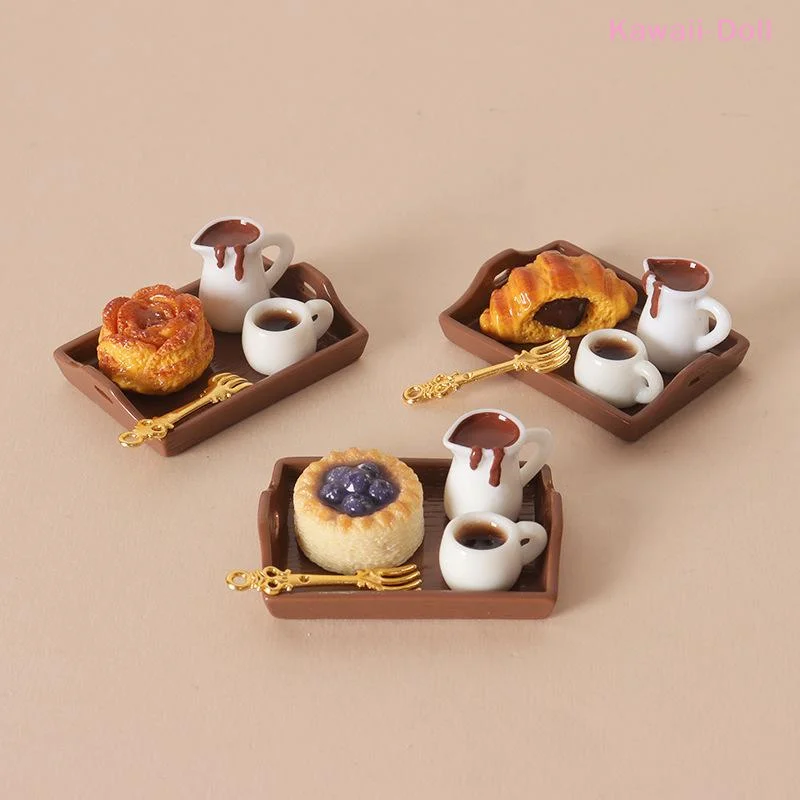 [DO]Puppenhaus-Miniatur-Kaffee- und Gebäck-Set, realistisches Essens-Tablett, Puppenhaus-Küchenzubehör für Rollenspiele und Szenenlayout[DO] – Detail 5
