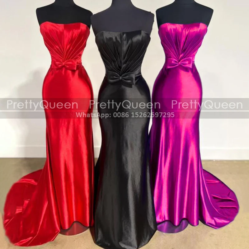 2024 Mermaid Strapless Bridesmaid Dresses With Bow Women Long Sweep Train Sheath Wedding Guest Dress Party Gown