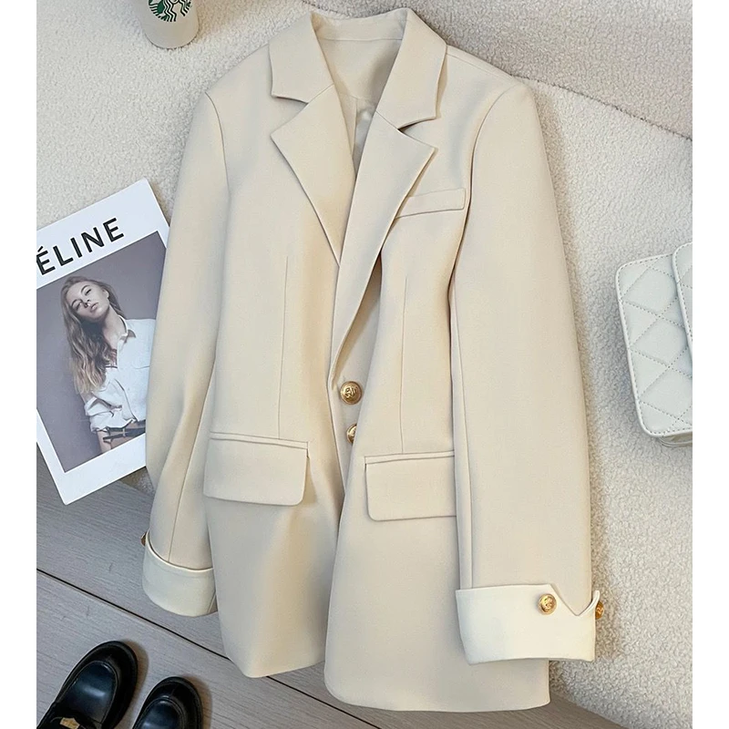 Cream Elegant Suit Jacket Women Fashion Straight Career Single Breasted Blazer Outwear Black Basic Office Lady Chic Suit Coat