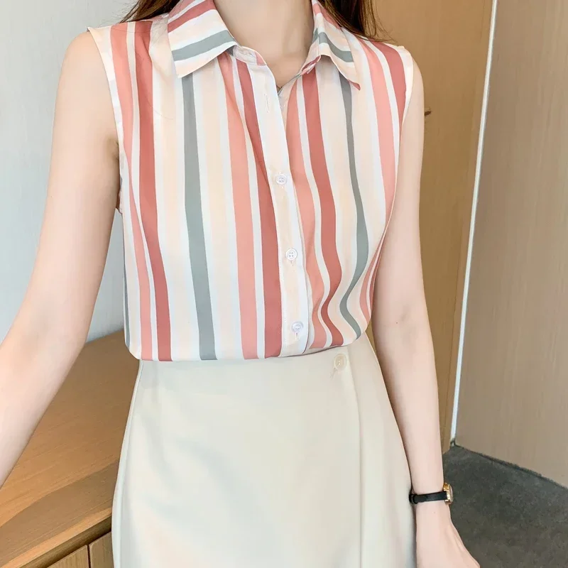 2024 New Chiffon Summer Women\'s Blouse Casual Fashion Simplicity Tops Stripe Sleeveless Lapel Collar Shirt