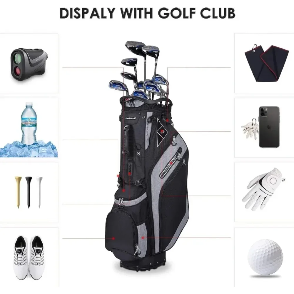 Golf Stand Bag 14 Way Top Dividers Ergonomic with Stand 8 Pockets, Dual Strap, Rain Hood