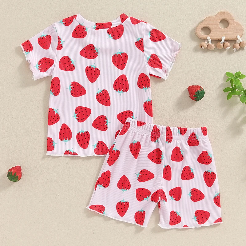 Baby Girl Cute Strawberry Printed Outfits Short Sleeve Round Neck Tops Elastic Waist Shorts Toddler 2 Piece Summer Set