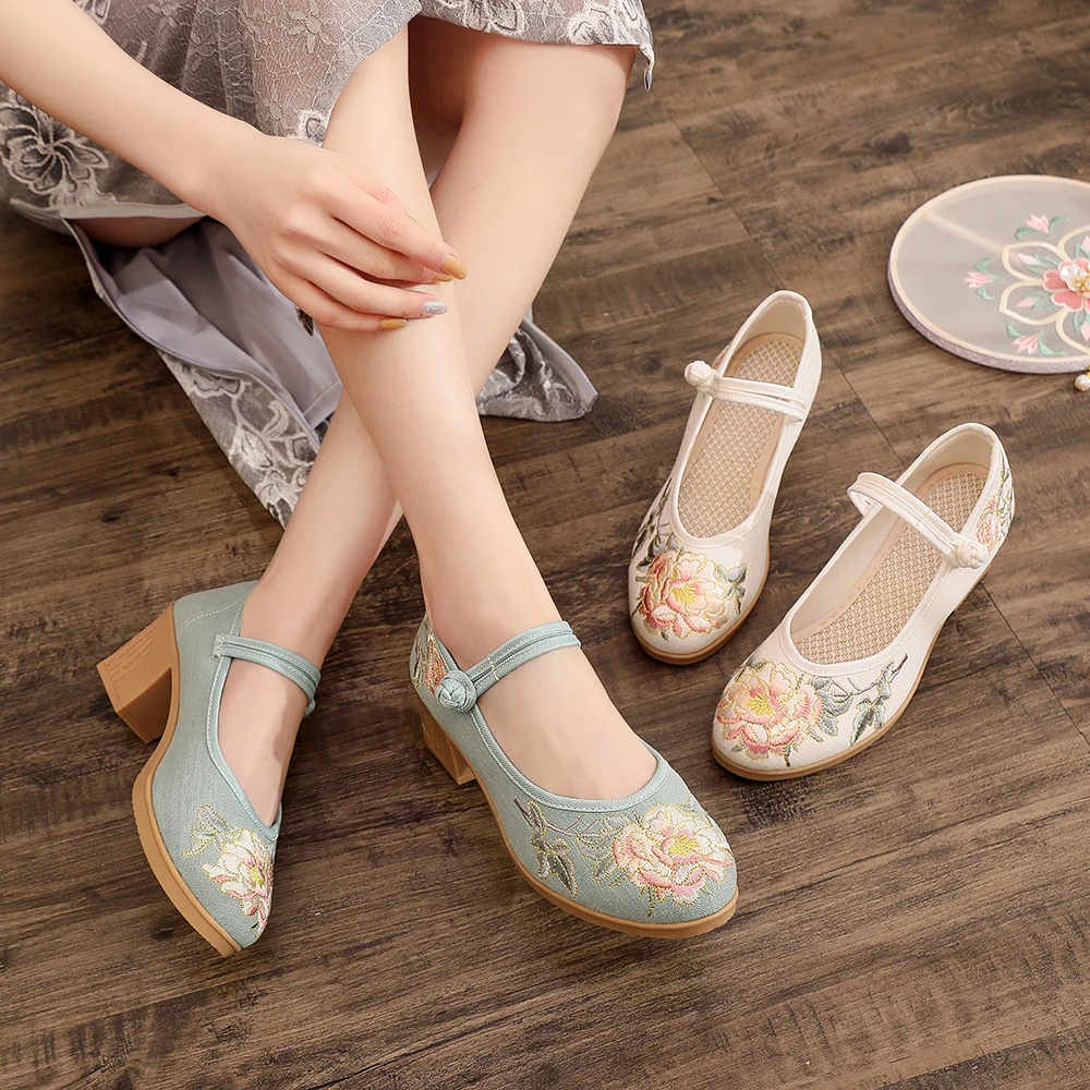 Veowalk-Embroidered High Block Heel Shoes for Women, Elegant Chinese Ladies, Comfortable Mary Jane Costume, Cheongsam Pumps, 5cm