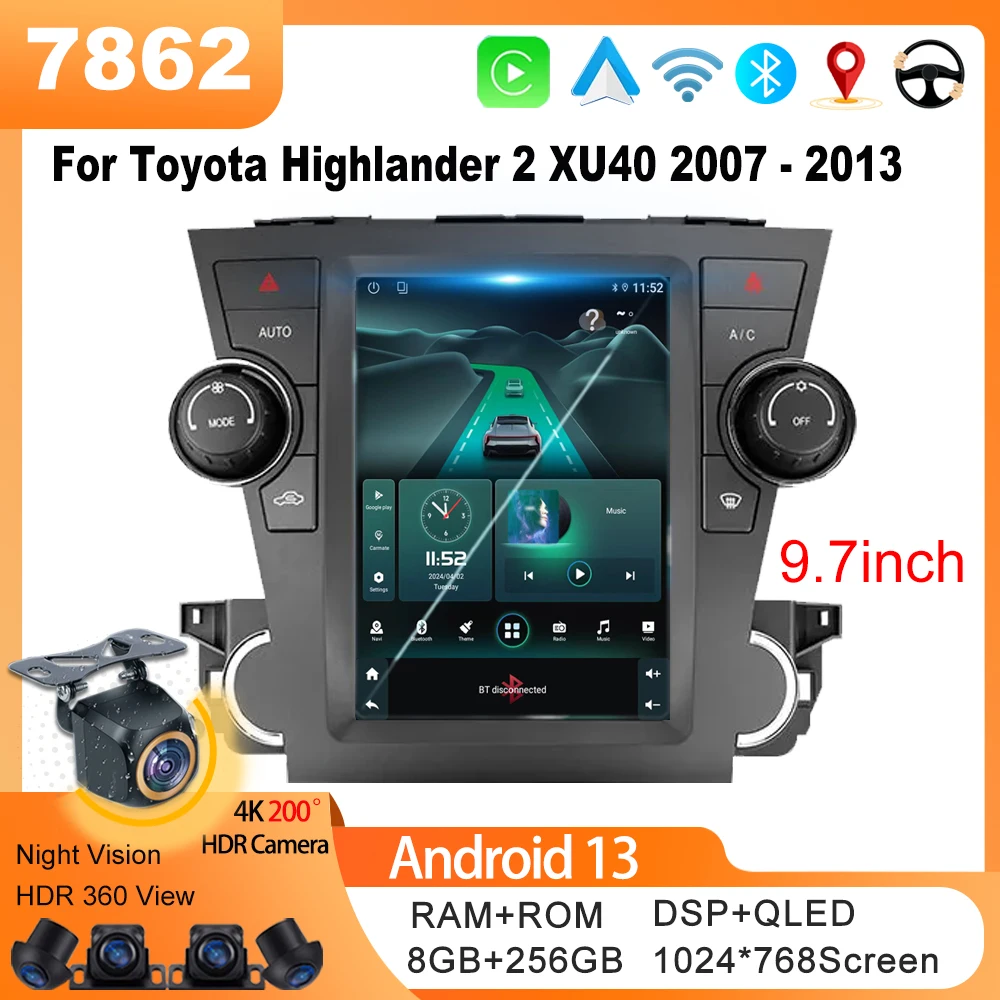 Android 13 For Toyota Highlander 2 XU40 2007-2013 Tesla StyleCar Navigation Video multimediale Touch Display Carplay 7862 CPU