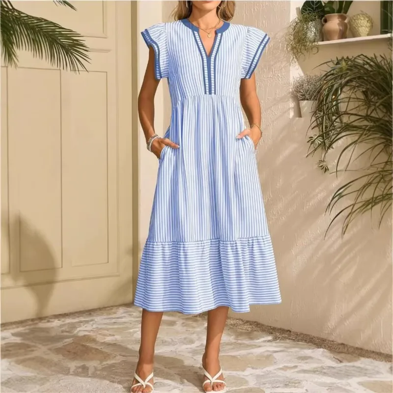 

Sweet Casual Midi Dress for Women 2026 Summer Striped Butterfly Sleeve V Neck Ruffles Patchwork Loose Dresses Outfits Female