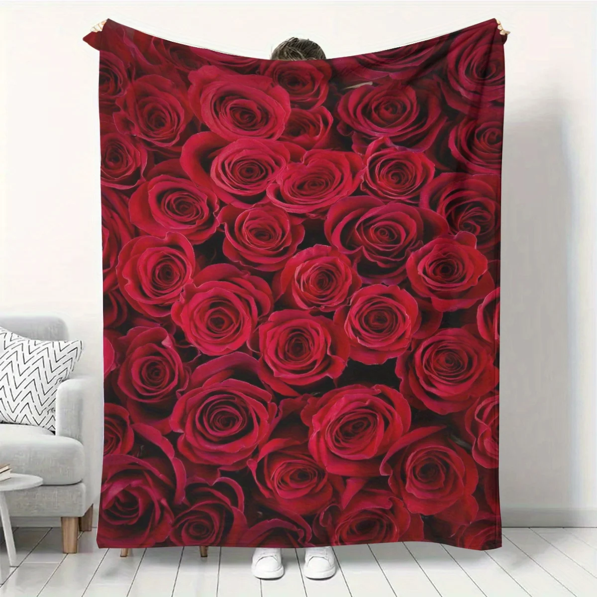 Romantic Red Rose Print Throw Blanket Deep Crimson Flower Pattern Soft Cozy Wrap For Date Night Bedroom And Love Themed Decor