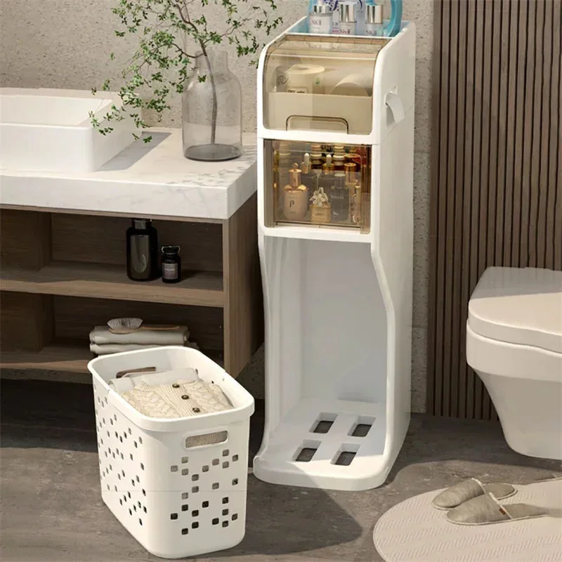 Bathroom Gap Storage Cabinet Toilet Movable Storage Rack with Drawer Bathroom cabinet Floor Shelve with Dirty Clothes Basket Z