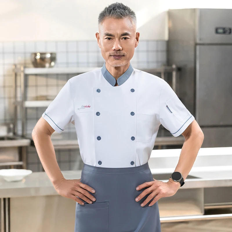 Hotel Chef Jacket Restaurant Kitchen Cooking Work Uniform Summer Catering Bakery Waiter Shirt Cafe Bar BBQ Work Clothes White