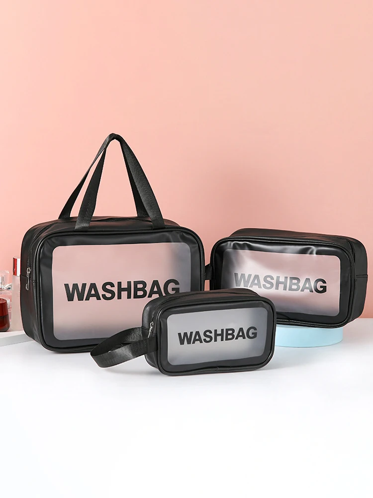 1pc Pu Transparent Three Piece Makeup And Toiletries Bag, Large Capacity Pvc Semi Transparent Frosted Portable Storage Bag