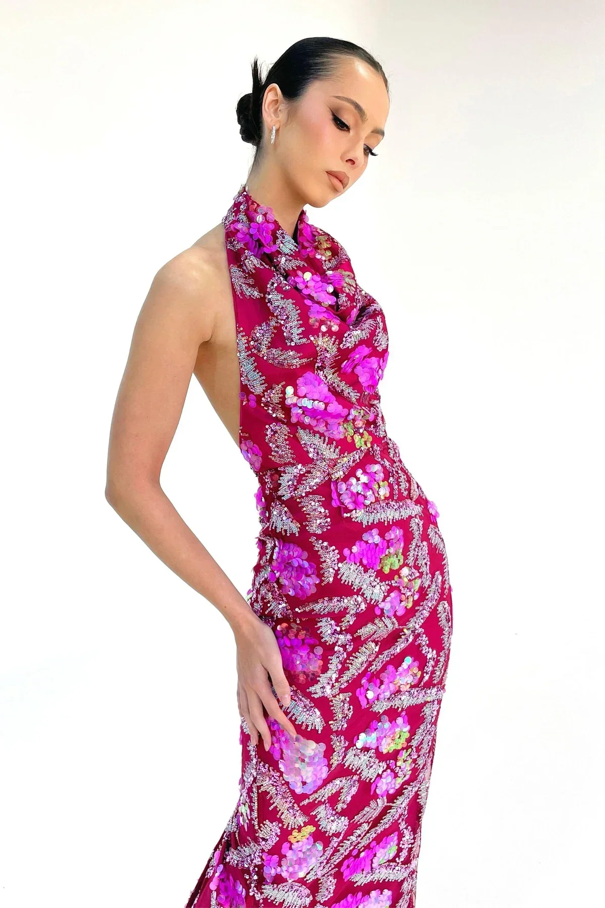 

High Quality Rosered Women Sexy Halter Backless SequEmbroidery Bodycon Long Dress Evening Party Fashion Birthday Outfit