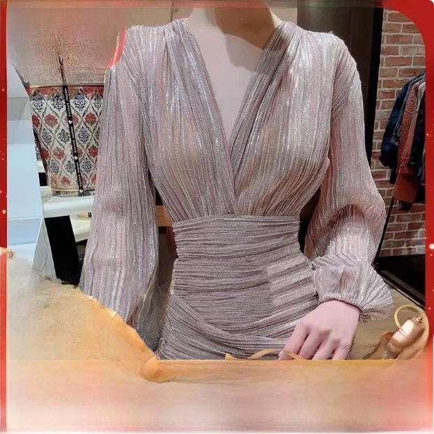 

MaSandeM Summer 2023 Ele Bright Tead Bubble Sve V-Ne Pleated Waist-Cinching Bag Dr High Waist A-Line Skirt