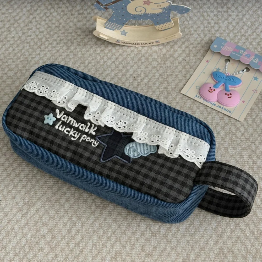 Kawaii Wings Star Wave Point Portable Pencil Case Cute White Lace Blue Checkered Pattern Large Capacity Stationery Supplies Bag