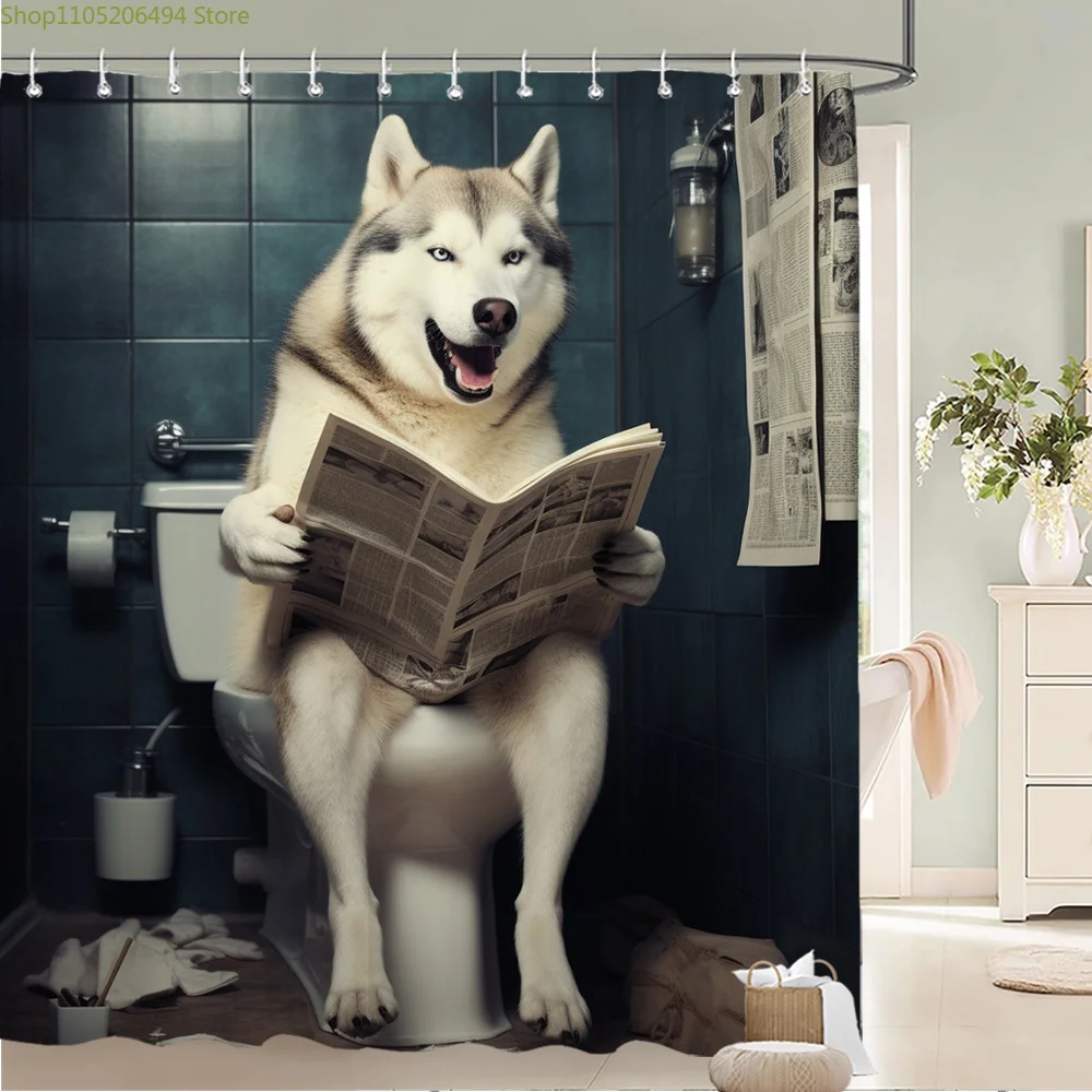 

1 шт. Пушистая занавеска для душа с изображением хаски, читающего газету - Игривый бирюзовый декор для ванной комнаты с крючками, прочная полиэстеровая ткань, размер M