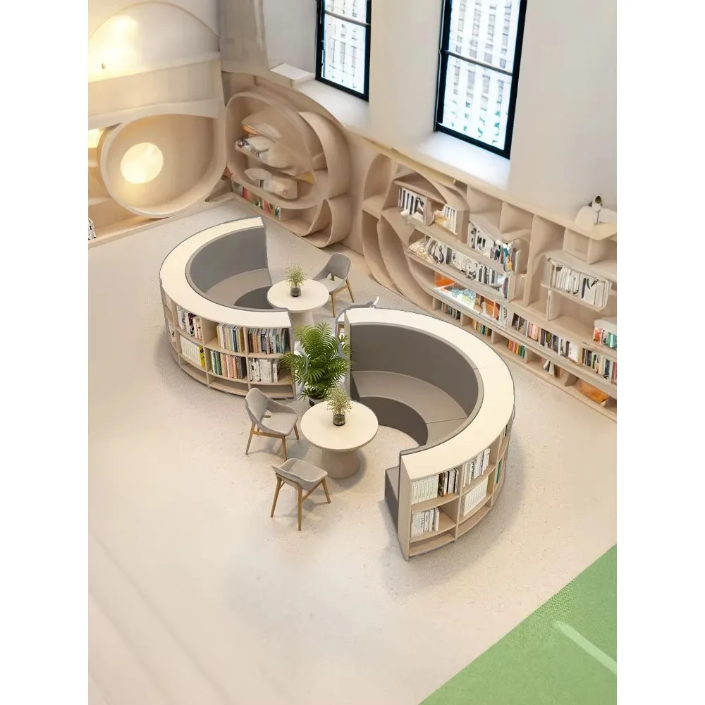 تخصيص مكتبة الخشب الحديثة خزانة الكتب مدرسة القراءة ركن أريكة متكاملة مزيج منحني منطقة الراحة #2