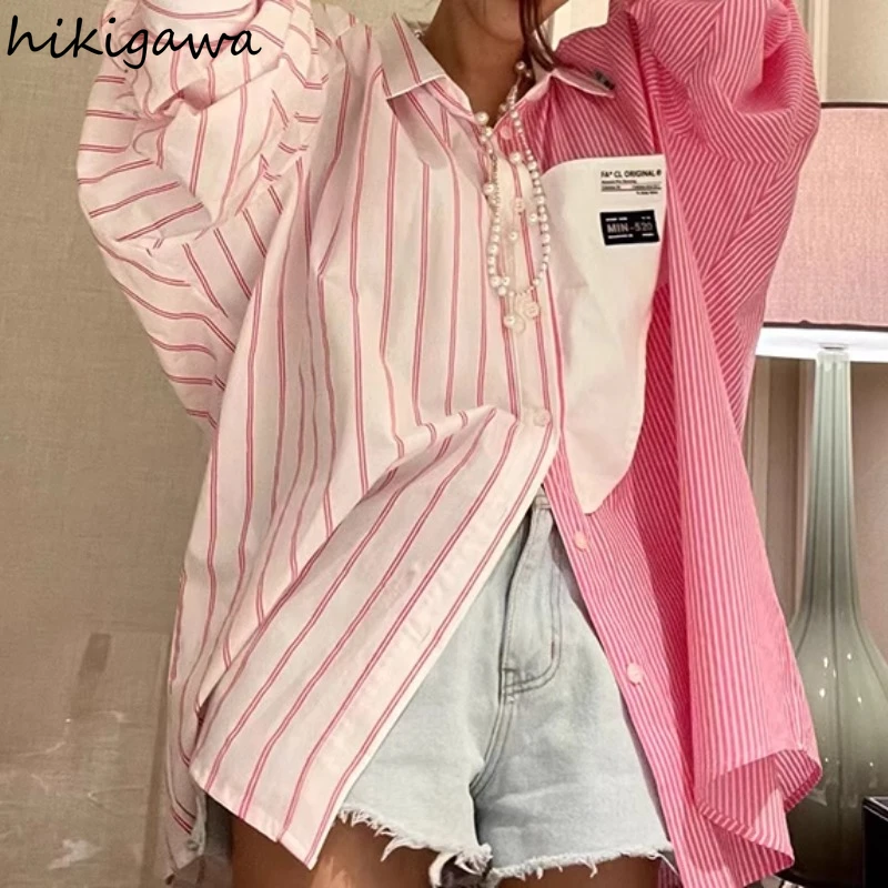 Y2k Blouses for Women Fashion Irregular Contrast Color Striped Shirts Oversized Tops Casual Korean Blouse Camisas De Mujer 2024