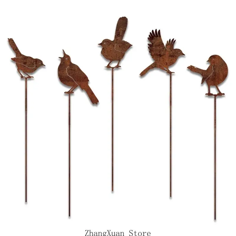Vogel-Gartenstecker für Blumenkästen, 5er-Set, Topfstecker aus Metall mit abgenutzter Oberfläche und Vogelausschnitten für – Detail 9