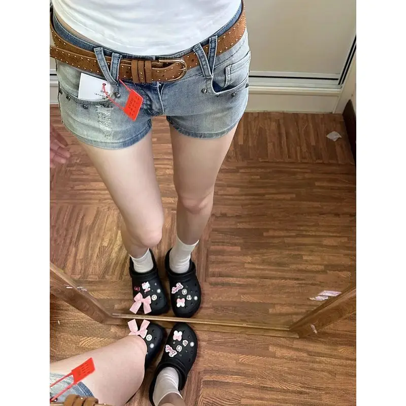 

Retro American High Waist Distressed Jeans Women Summer Sexy Slimming Shorts Trendy Cotton Korean Style Mid Waist Shorts