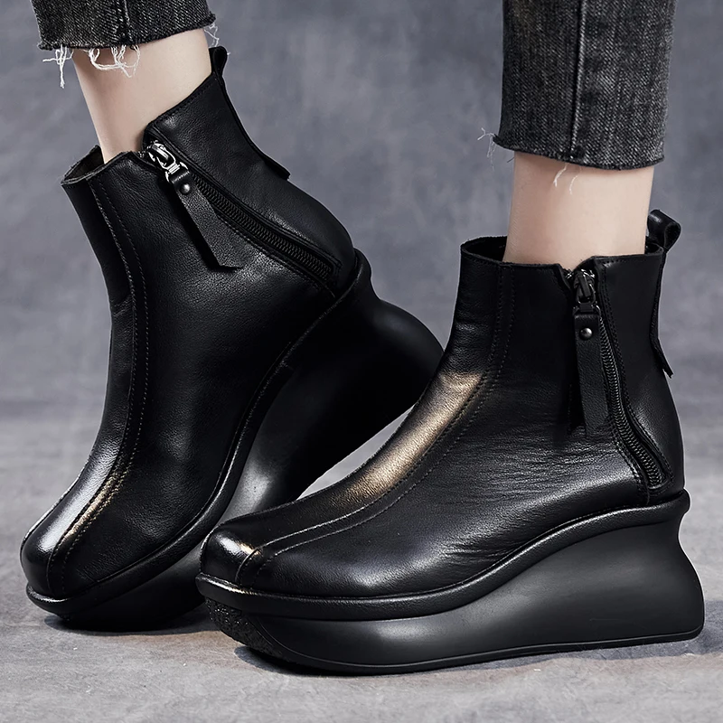 GKTINOO Genuine Leather Women Boots Retro Shoes 2024 New Autumn Winter Round Toe Double Zipper Handmade Concise Platform Boots