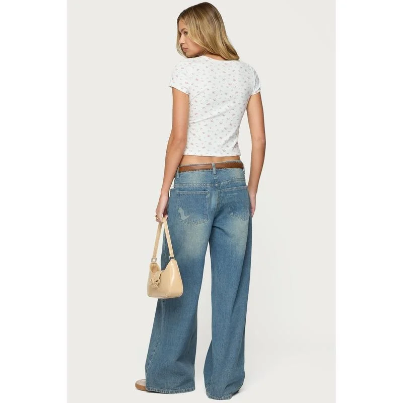Lolita Style Rhinestone High Waist Jeans Women's Premium Denim High Waist Glitter Belted Cross-Border High Elasticity