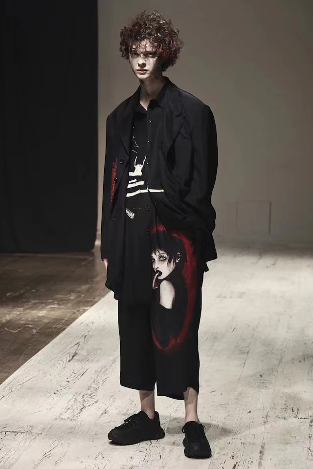 2026 Yamamoto-Style Pants Dark Wind Mystery With Figure Pattern Elastic Waist Pants Straddle Pants Oversized Casual Pants