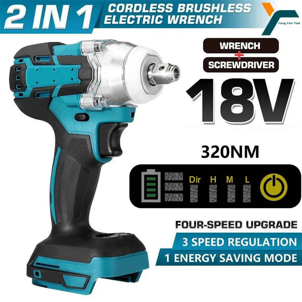 2 In1 320N.m Cordless Brushless Electric Impact Wrench Screwdriver Body 1/2'' Socket For 18V Makita 1860 1850 1840 Battery