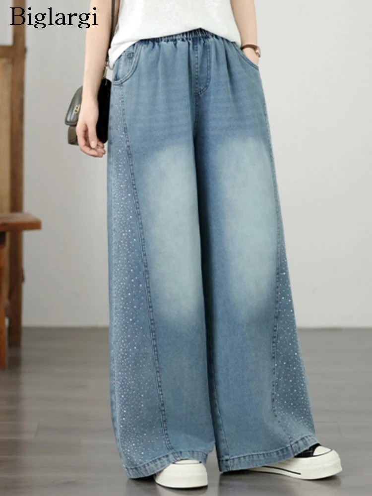 

Oversized Jeans Spring Summer Pants Women Rhinestones Patchwork Fashion Ladies Wide Leg Trousers Elastic High Waist Woman Pants