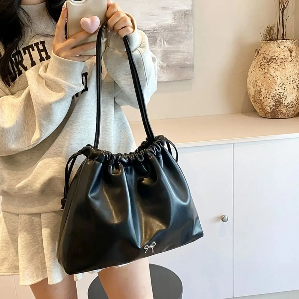 

Large Capacity Drawstring Shoulder Bag Bow Solid Color PU Dumpling Bag Korean Style Fashion Design French Style Handbag