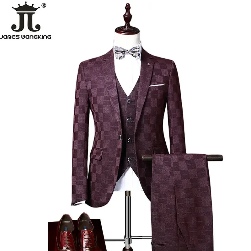 ( Jacket+Vest+Pants ) Boutique Fashion Plaid Men\'s Casual Business Office Suit Three Piece Set Groom\'s Wedding Dress Slim Suits