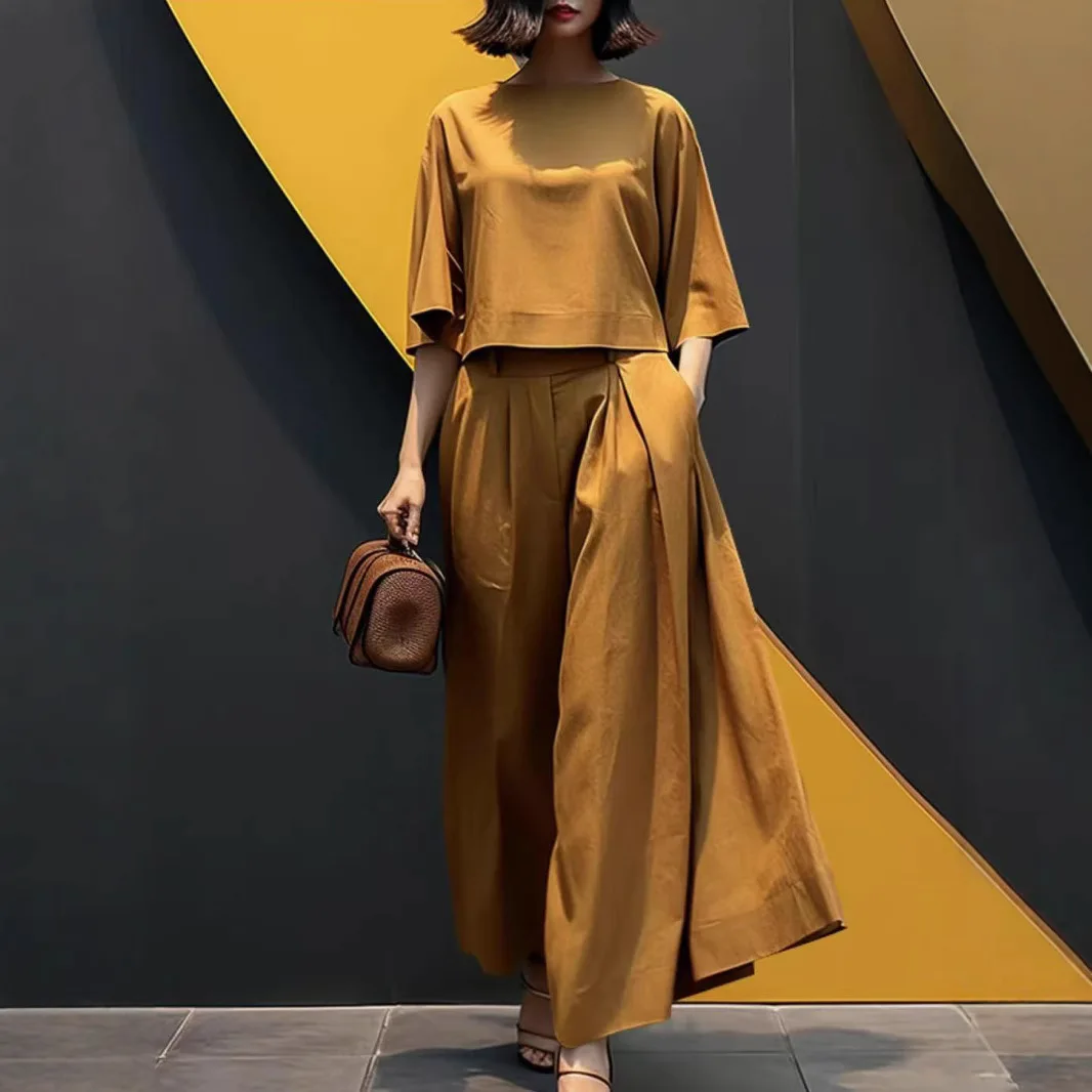 2025 여름 여성용 패션 솔리드 컬러 반팔 상의와 러플 와이드 팬츠 슈트 루즈핏 상의와 바지 슈트