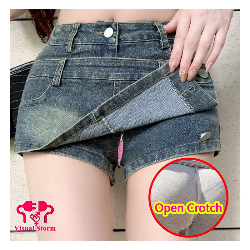 Women's Jeans Open Crotch Sexy Pants Fake Skirts Outdoor Expose Clothing Couple Date Field Play Easy Bodycon Slim Fit Clubwear