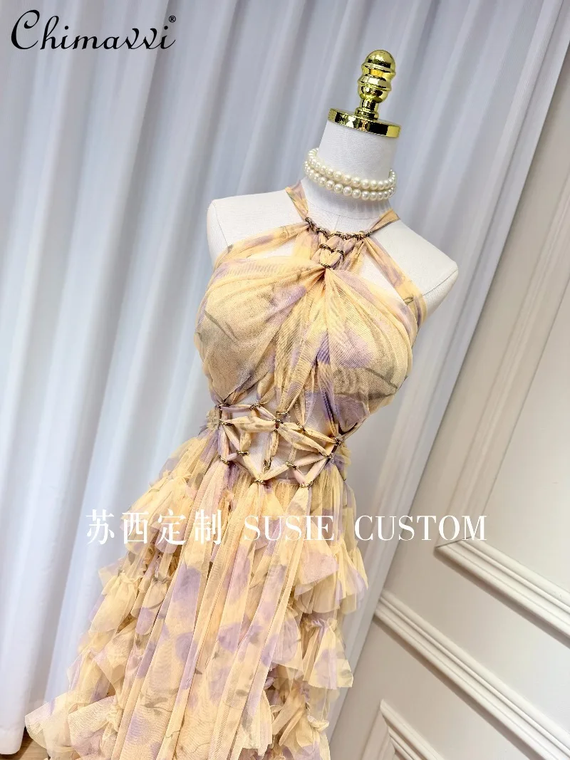 

High-end Pure Desire Metallic Ring Halter Neck Strap Hollow-out Waist Backless Dresssummer New Women's Elegant Tulle Dress