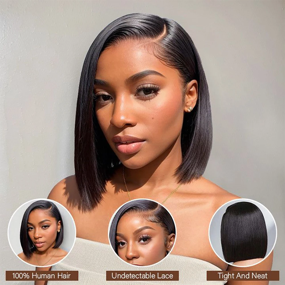 Peluca de cabello humano liso de 13x4 para mujeres negras, postizo de encaje Frontal transparente, corte Bob corto, sin pegamento, Remy, Natural