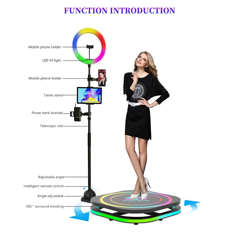 360 Photo Booth Automatic Spinning Camera Selfie 1-2 People 70cm Square  style Led Machine Portable Flexible