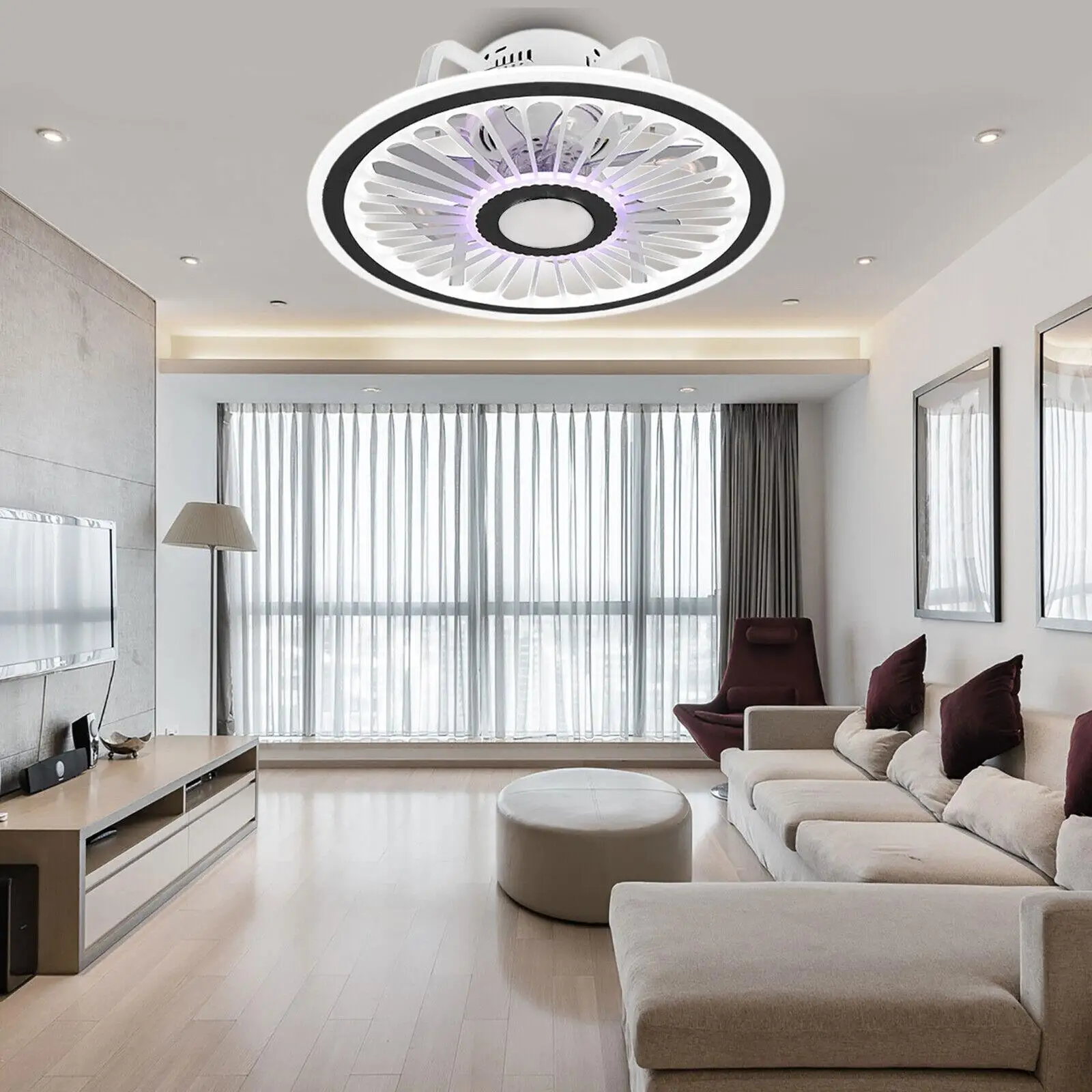 Modern Invisible Ceiling Fan Light 3-Color Dimmable LED Chandelier Lamp W/Remote