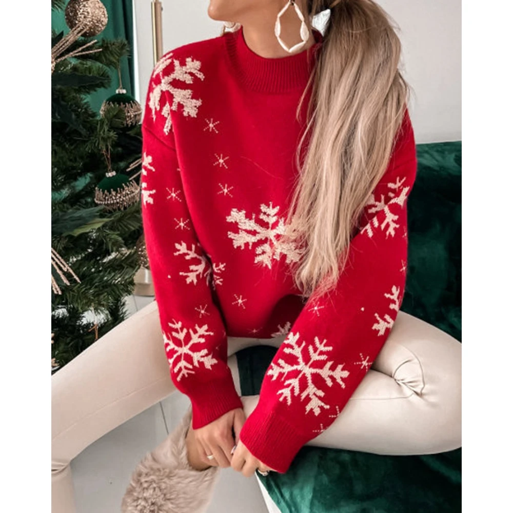 2024 New Year Christmas Winter Women All Over Snowflake O Neck Outwear Jumper Sweater Fashion Casual Long Sleeve Knitted Top