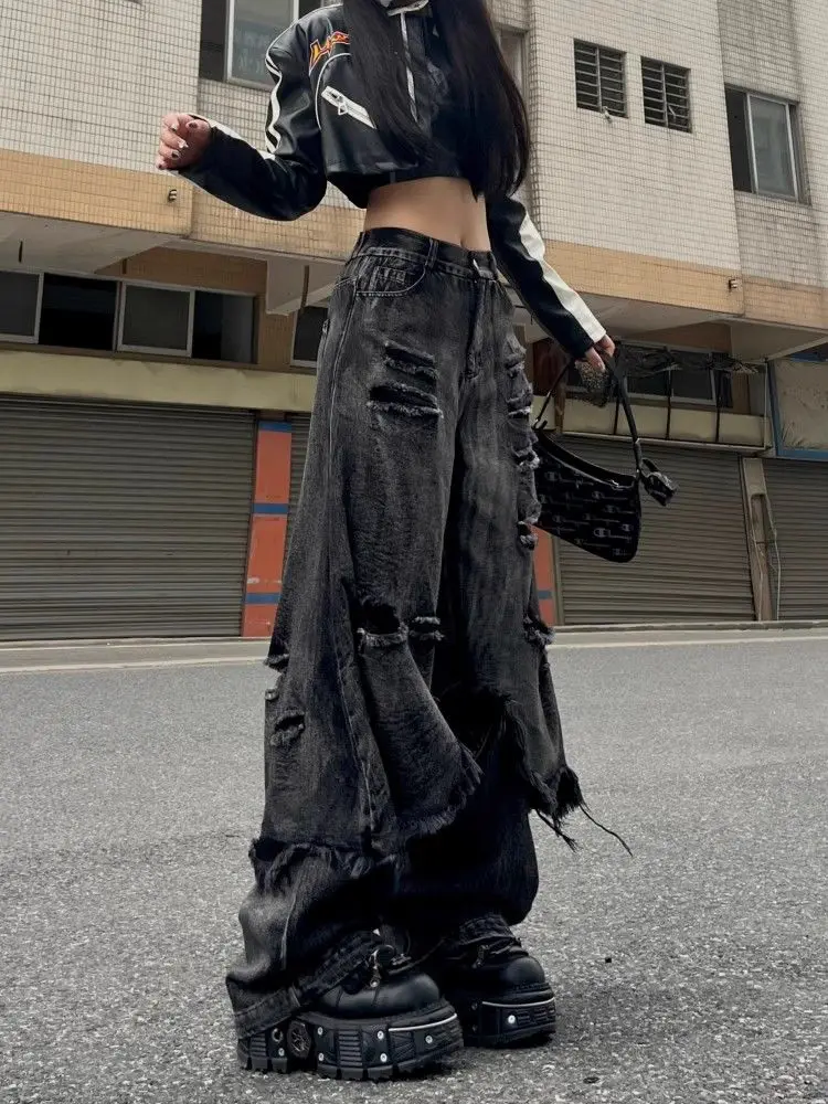 Oversize Patchwork Black Jeans Women American High Street Hiphop