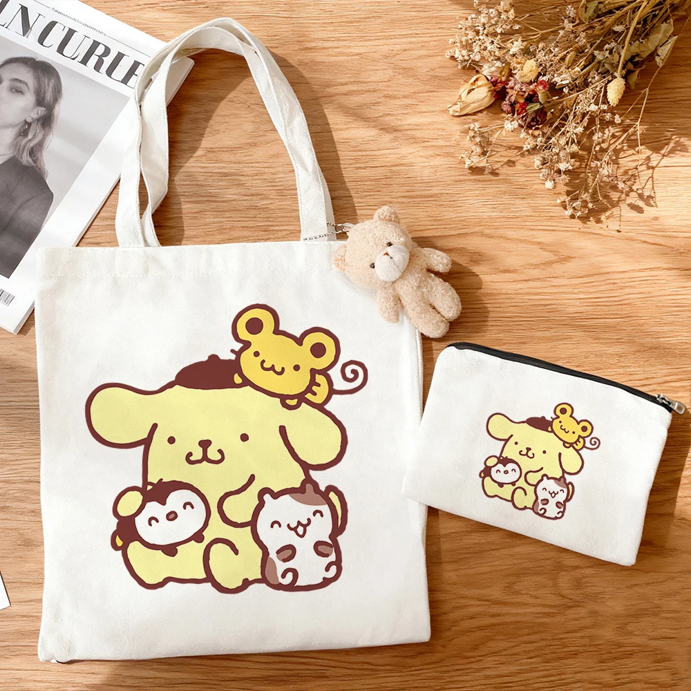 3pcs/set Large Capacity Pom Pom Purin Multi Character Canvas Tote Bag Cute Cartoon Print Anime Eco Cotton Reusable Shopping Bag