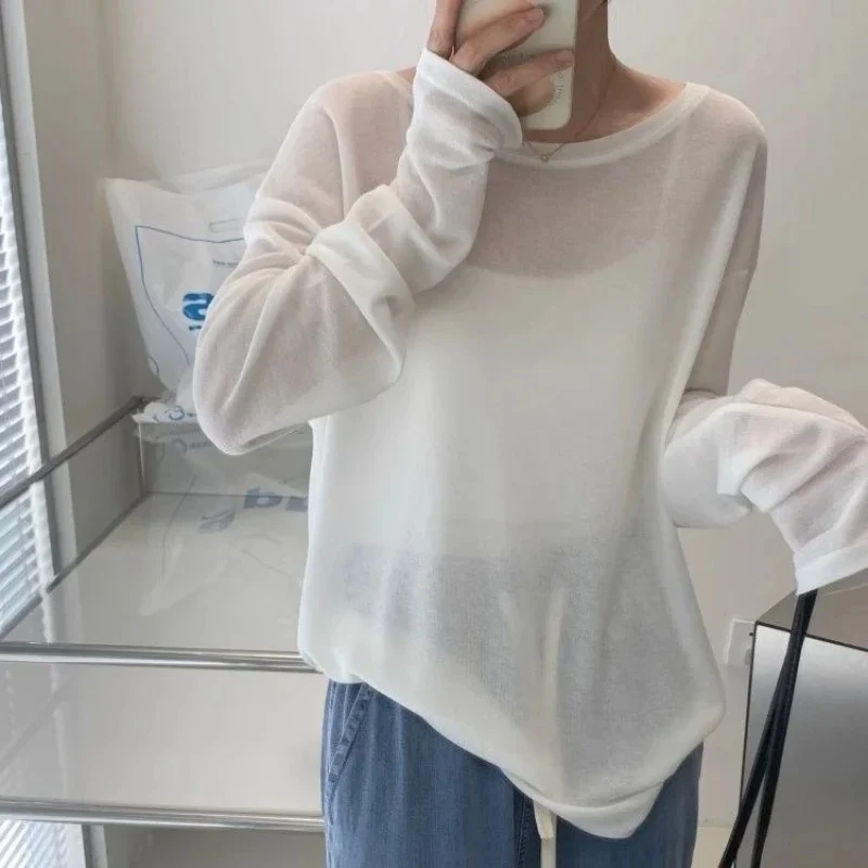 Women's White Knitted Cover Up Beach Vacation Lightweight Loose Sun Protection Top Long Sleeve Casual Style T-Shirt for Women