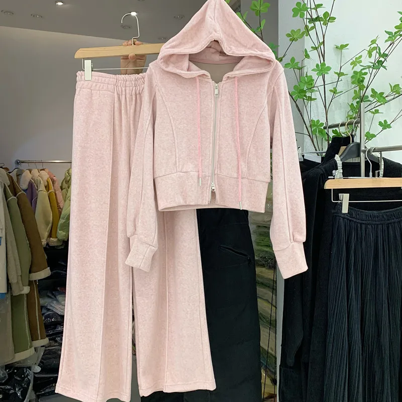 Chándal liso con capucha para mujer, chaqueta de manga larga con cremallera y cintura elástica, Pantalones rectos de pierna ancha, conjunto informal