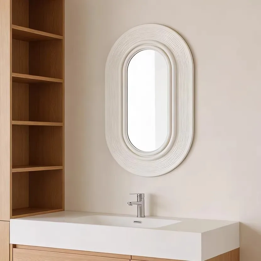 French Retro Style Oval Wall-Mounted LED Light Mirror Luxury Hotel Art Decoration White Anti-Fog Makeup Mirror Customization