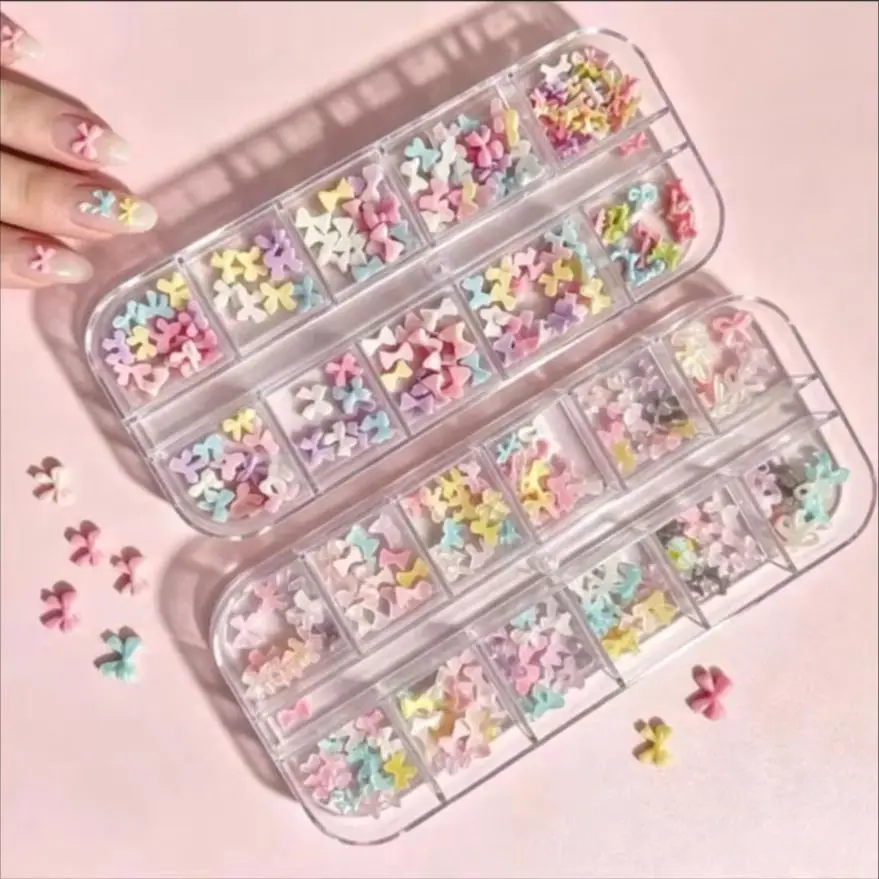 1 Box Colorful Aurora Mini Bow Nail Charm Kawaii Resin Macaron Bowknot Nail Art Rhinestone Nail Supplies Manicure Decoration