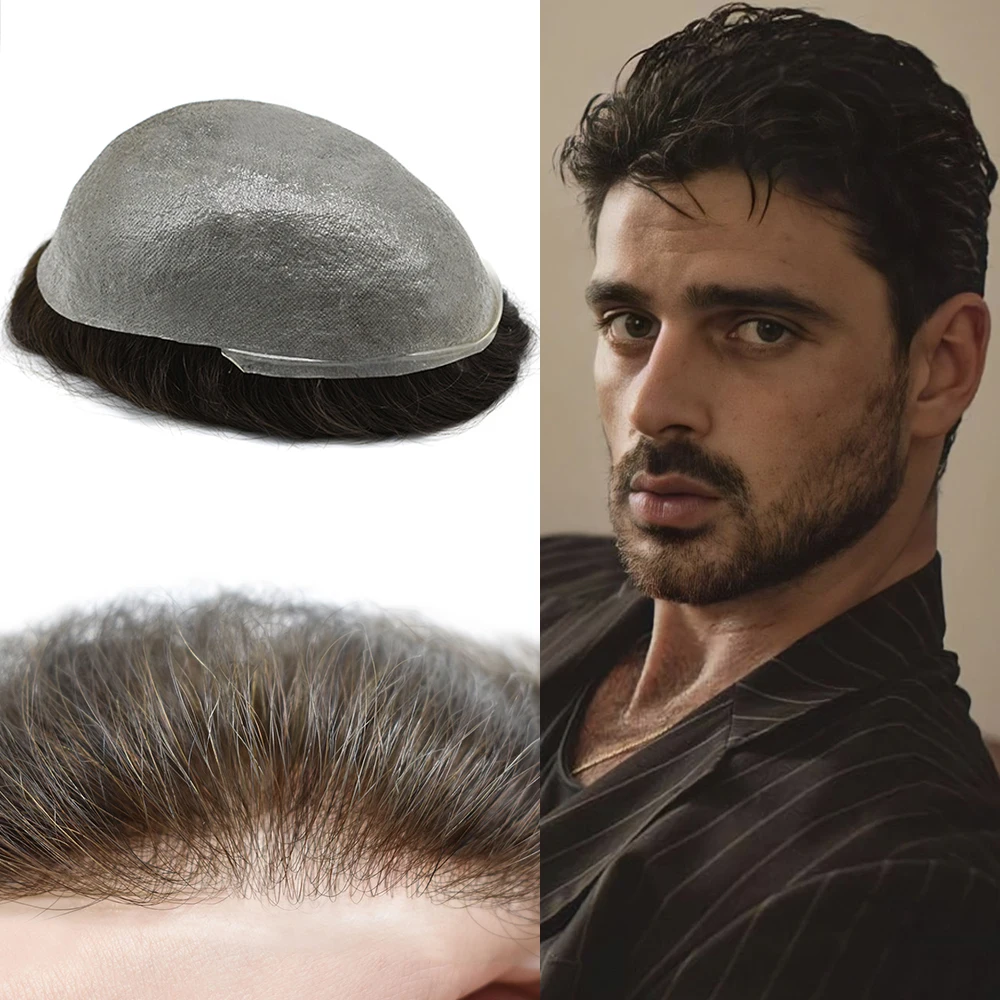 Men Toupee Hair Systems Ultra Thin Skin 0.06MM V-LOOP Capillary Prosthesis Invisible Hairline Real Human HairPieces Hair Units